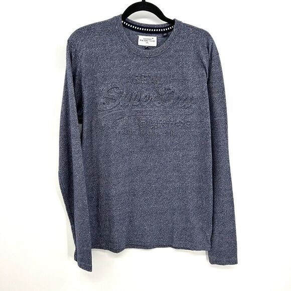 SUPERDRY Men's Heather Blue Raised Embossed Letters Crewneck Shirt Size Medium - Picture 1 of 5